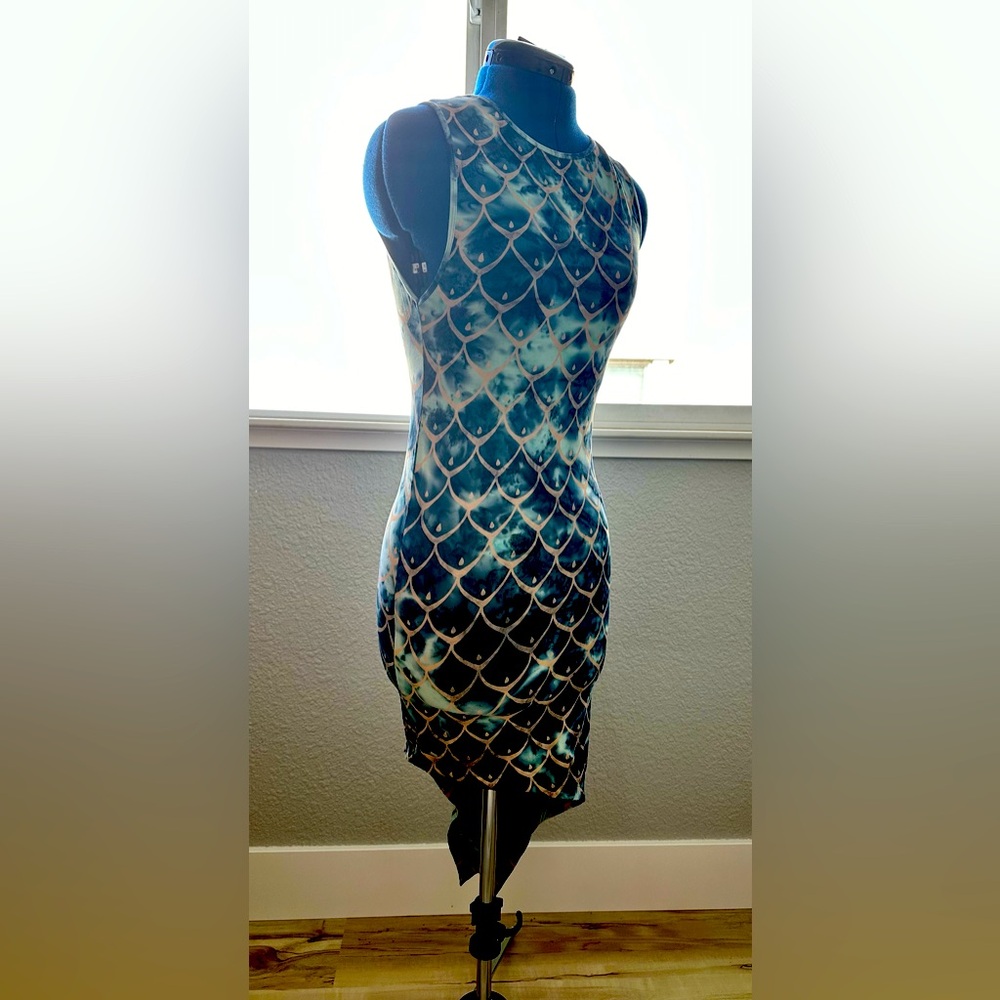 Blue Fish Scale Bodycon Midi Dress Asymmetrical beach